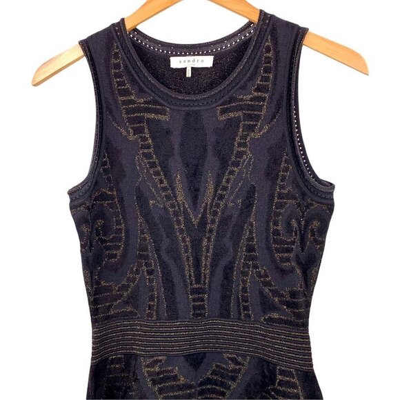 SANDRO Black and Gold Textured Knit Sleeveless Dress Fit & Flare Size Small - Picture 4 of 6